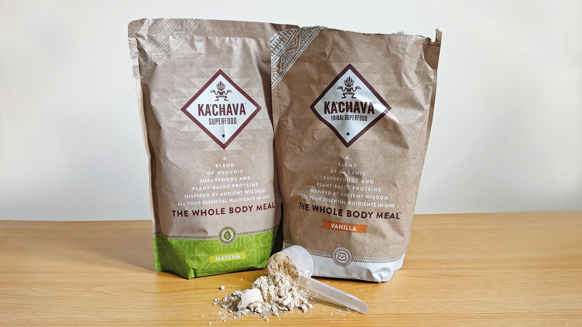 Two bags of ka'chava meal replacement on a table