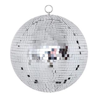 A silver disco ball with a hanging loop