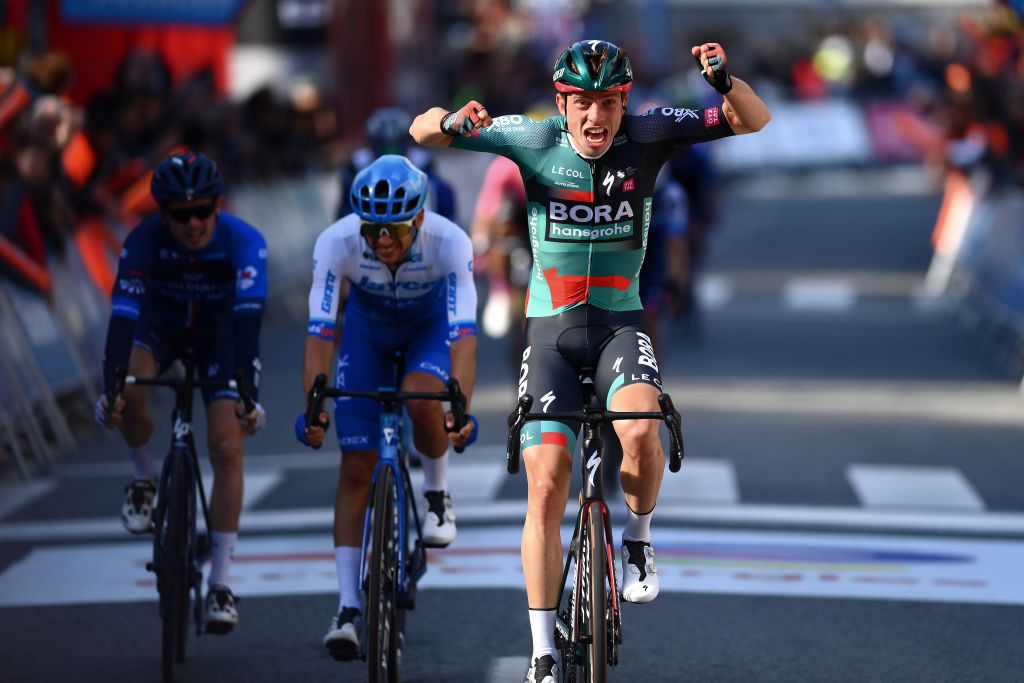LEITZA SPAIN APRIL 04 Ide Schelling of The Netherlands and Team BORAHansgrohe celebrates at finish line as stage winner during the 62nd Itzulia Basque Country 2023 Stage 2 a 1938km stage from Viana to Leitza UCIWT on April 04 2023 in Leitza Spain Photo by David RamosGetty Images