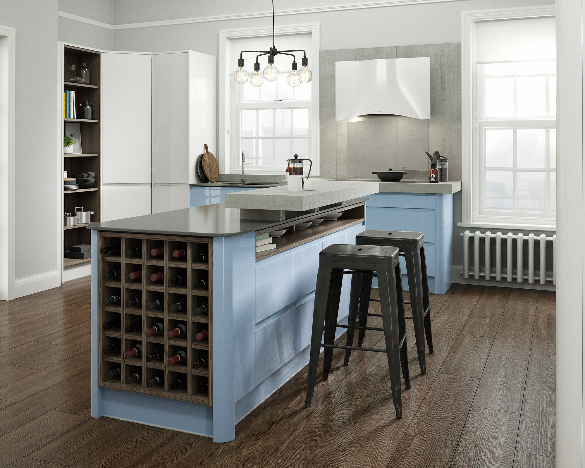 A contemporary kitchen with a periwinkle blue kitchen island with in-built wine storage