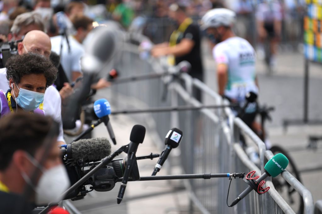 NICE FRANCE AUGUST 29 Start Press Media Social distancing Nice City during the 107th Tour de France 2020 Stage 1 a 156km stage from Nice Moyen Pays to Nice TDF2020 LeTour on August 29 2020 in Nice France Photo by Tim de WaeleGetty Images