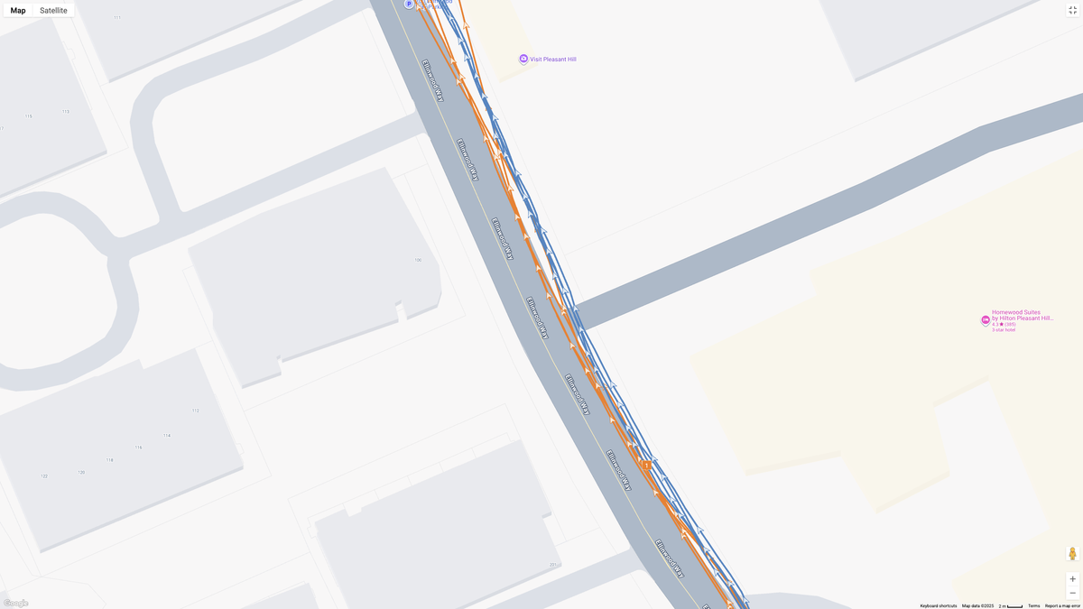 A Google Maps view showing GPS lines for the Google Pixel Watch 4 (orange) and Garmin Forerunner 970 (blue) and how they compare.