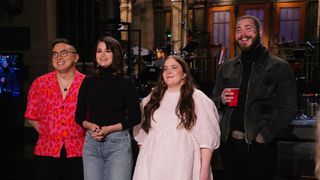 Bowen Yang, Selena Gomez, Aidy Bryant and Post Malone on SNL stage