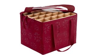 A burgundy red colored ornament storage box with a clear unzipped top showing the brown cardboard dividers, for the best ornament storage containers..
