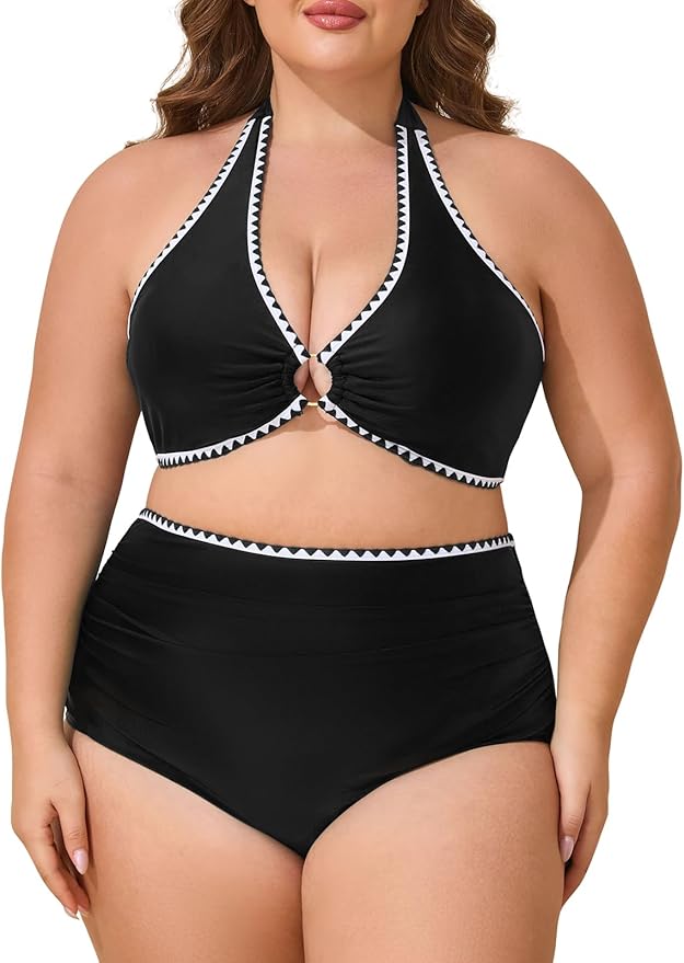 Summer Mae, Summer Mae Plus Size Swimsuit for Women Halter Bikini Top Shell Stitched Two Piece High Waist Bathing Suit Sexy Swimwear Black 22 Plus