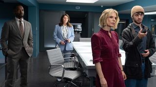 Nikki, Velvy and Gabriel examine evidence while Elinor looks on in Silent Witness season 27