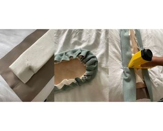 An image of Jessica Grizzle demonstrating how to upholster DIY scalloped headboard panels