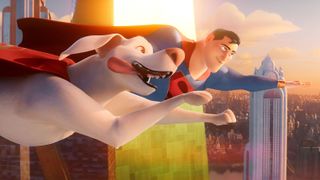 From DC League of Super-Pets, Krypto and Superman fly over Metropolis