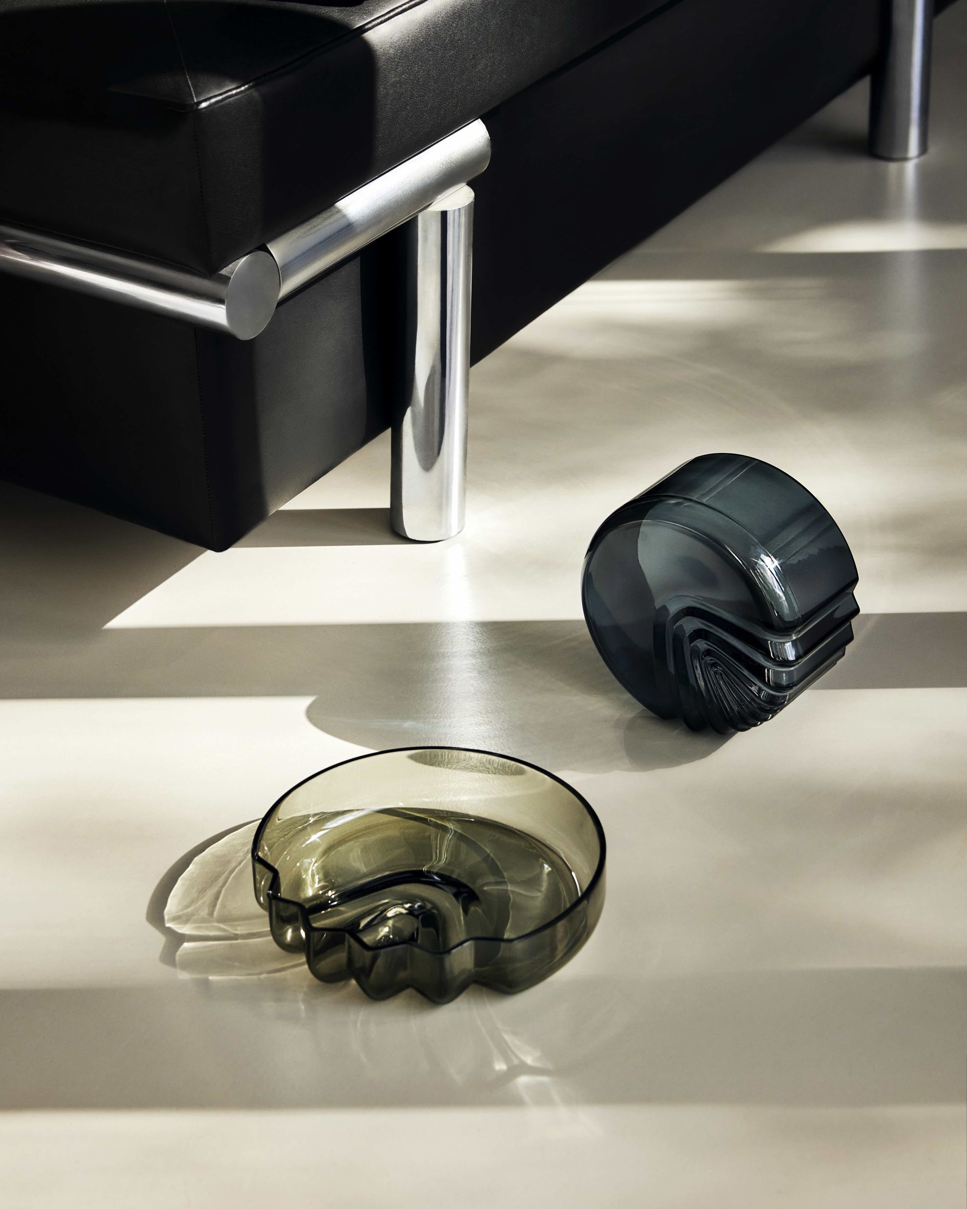 Zaha Hadid Design Tableware: sculptural glass bowls on floor