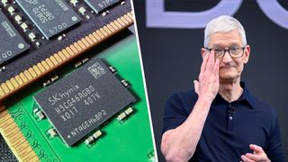 A close-up photo of a pair of Micron and SK Hynix DDR5 DIMMs, showing the memory modules on black/green PCBs on the left. On the right, Apple CEO Tim Cook wipes a tear during his final Apple Worldwide Developers Conference (WWDC) at Apple Park in Cupertino, California, on June 8, 2026.