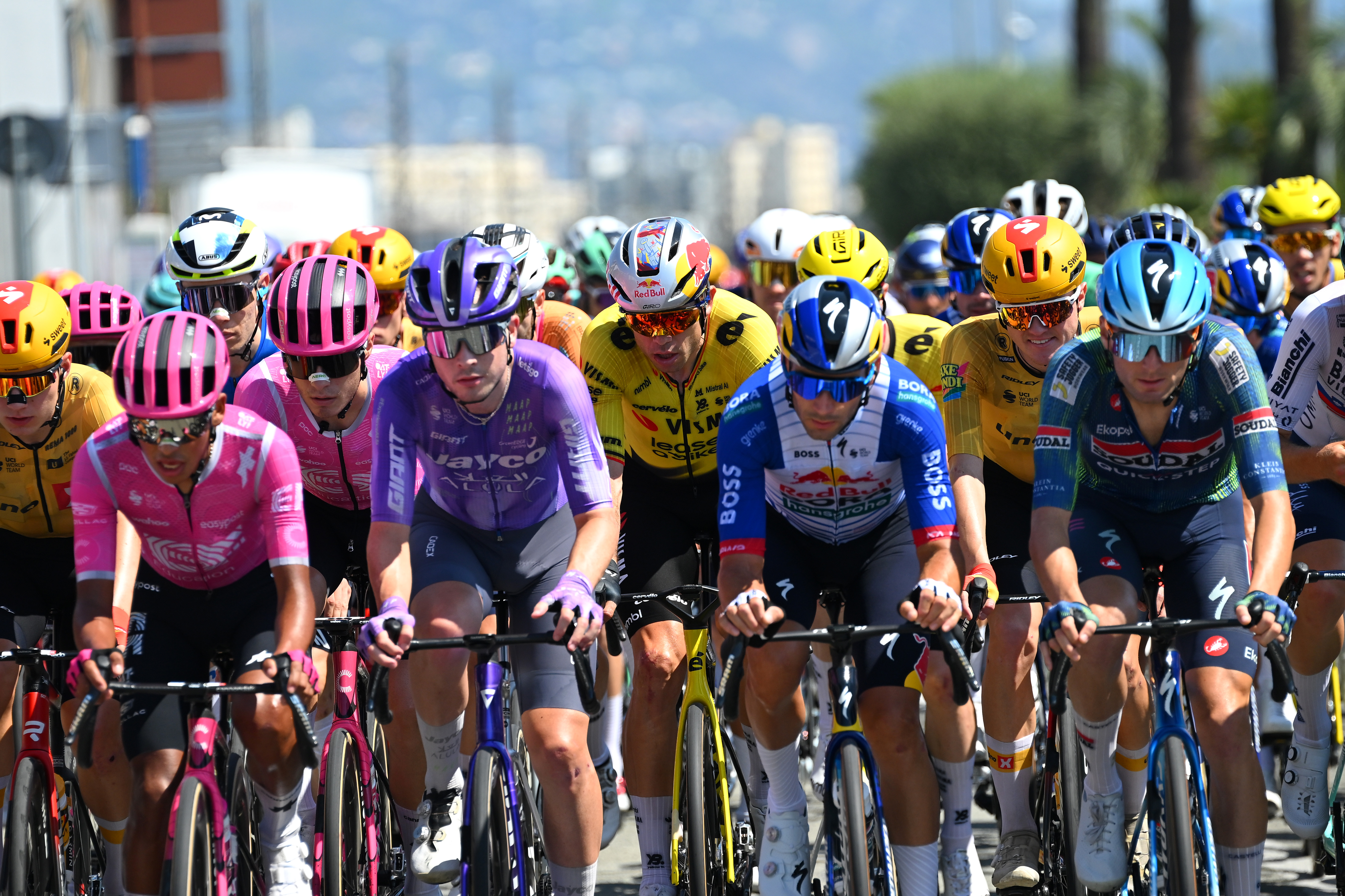 MANOSQUE, MONACO - AUGUST 23: (L-R) Wout Van Aert of Belgium and Team Visma | Lease a Bike and Martin Tjotta of Norway and Team Uno-X Mobility compete during the La Vuelta - 81st Tour of Spain 2026, Stage 2 a 214.3km from Monaco to Manosque 408m / #UCIWT / on August 23, 2026 in Manosque, Monaco. (Photo by Tim de Waele/Getty Images)
