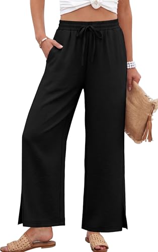 Sampeel Wide Leg Pants Woman Palazzo Trousers for Women With Pockets Flowy Summer Beach Vacation Fashion Clothing Dressy Casual Lounge Resort Wear Black L