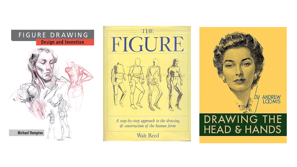 Three of the best figure drawing books: Figure Drawing by Michael Hampton, The Figure by Walt Reed and Drawing the Head and Hands by Andrew Loomis