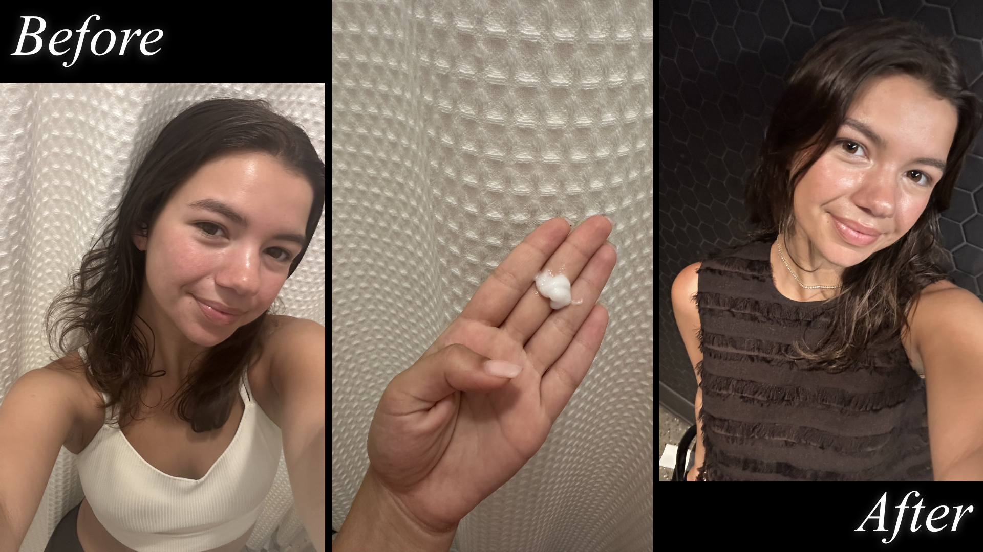 Malcia Greene tests K18's leave-in molecular repair hair mask with a before shot, a shot of the product's texture, and a shot of her hair after.