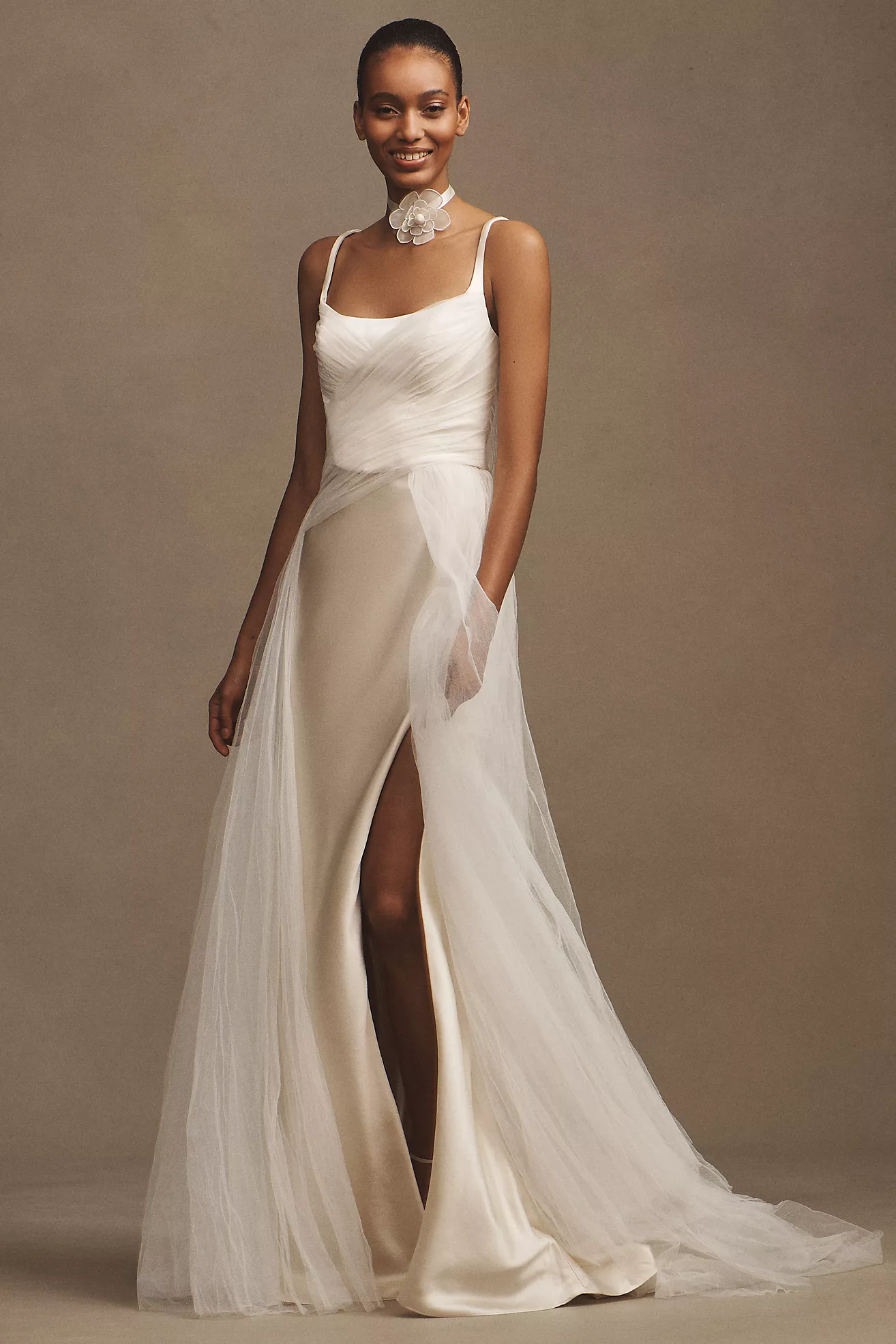 Watters Veronica Satin Square-Neck Chiffon-Overlay A-Line Wedding Gown