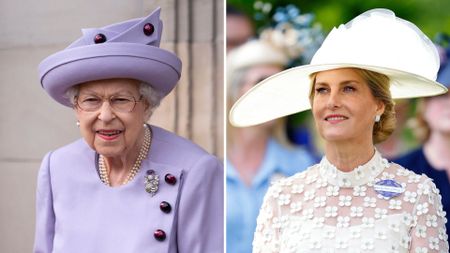 Composite of a picture of Queen Elizabeth wearing lilac at the Palace of Holyroodhouse in 2022 and Duchess Sophie wearing white on Day Two of Royal Ascot 2024