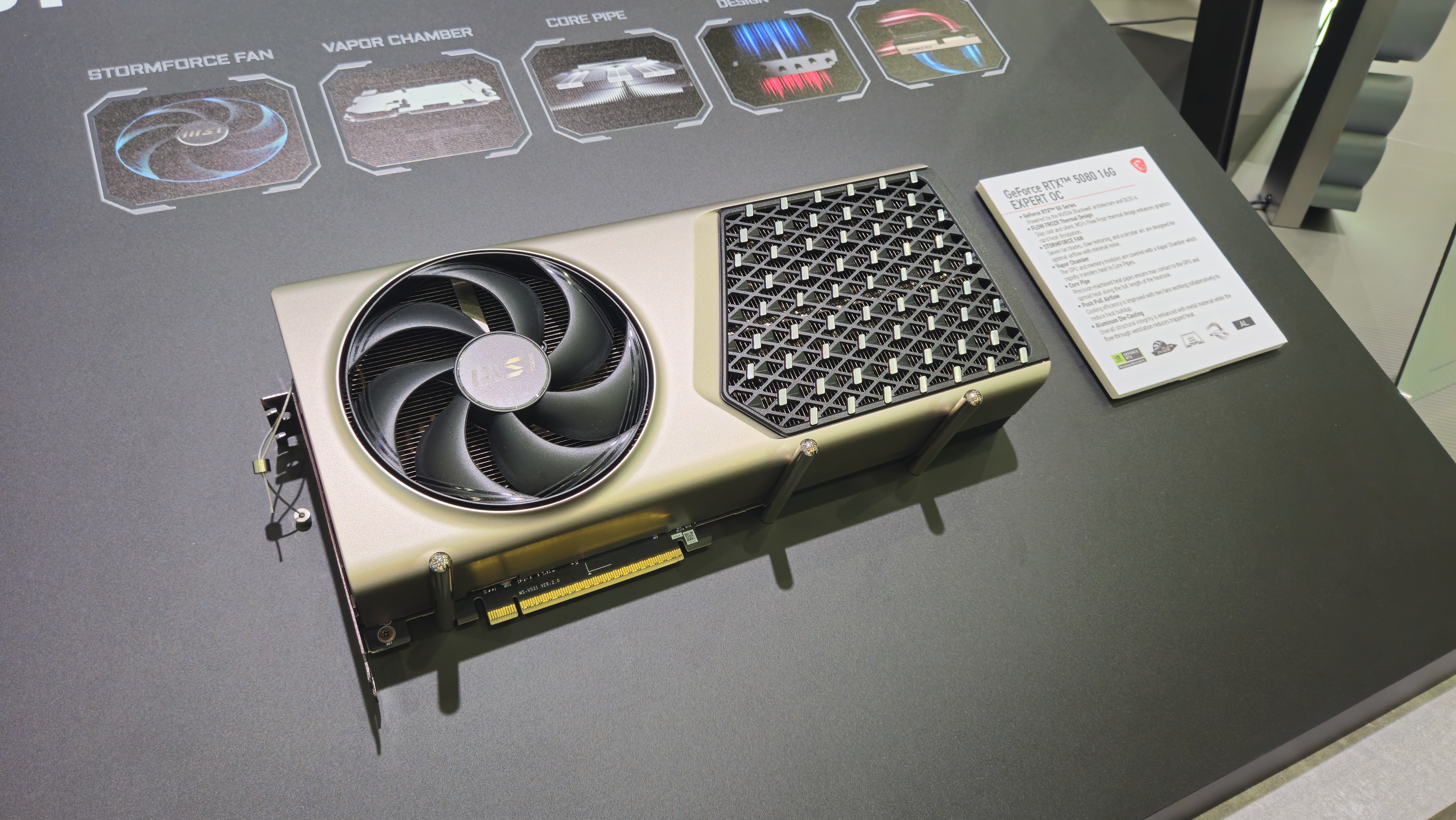 An MSI GeForce RTX Expert OC graphics card being displayed at Computex 2025