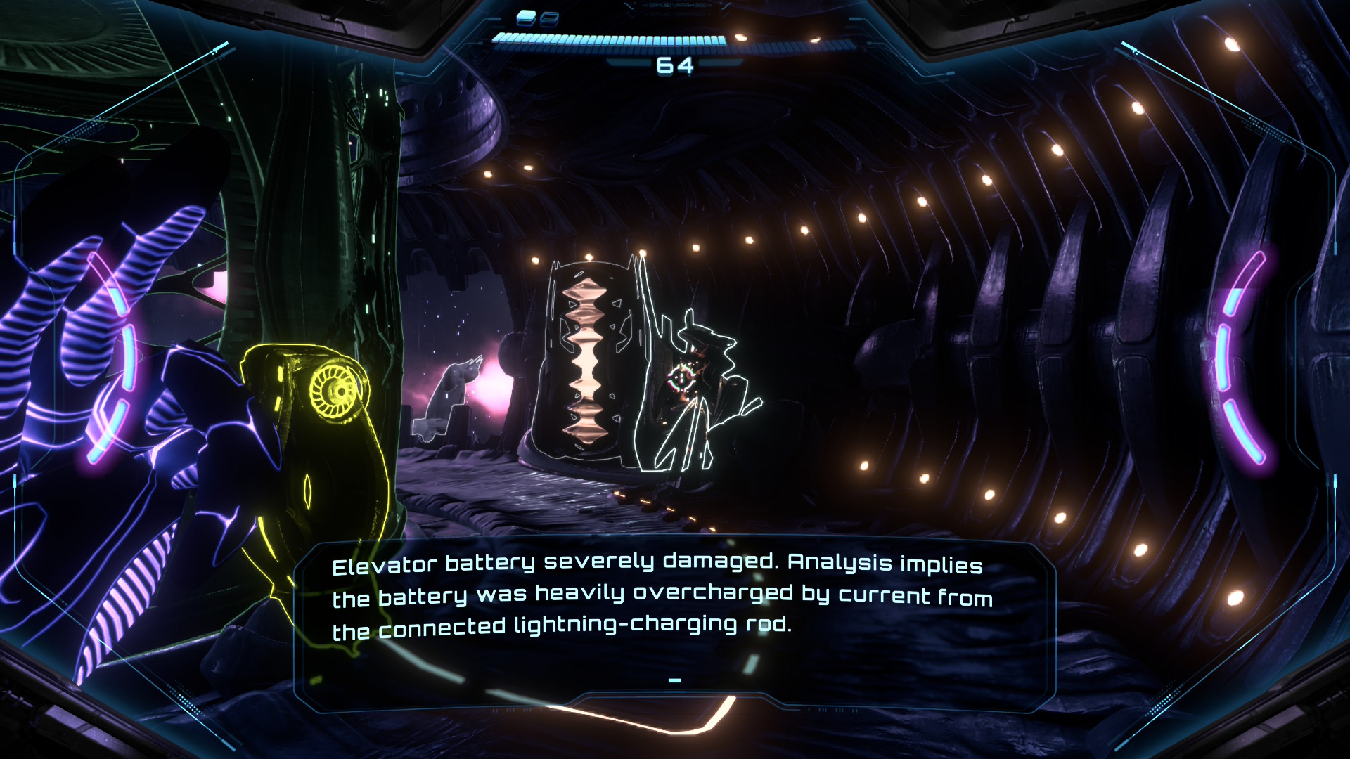 Samus scans an elevator battery in Metroid Prime 4: Beyond