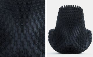 A black, 3D printed chair using thermoplastic polyurethane