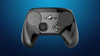 Steam Controller from 2015 with blue backdrop.