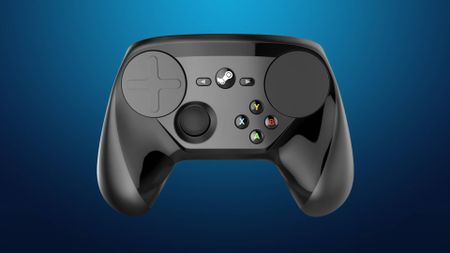 Steam Controller from 2015 with blue backdrop.