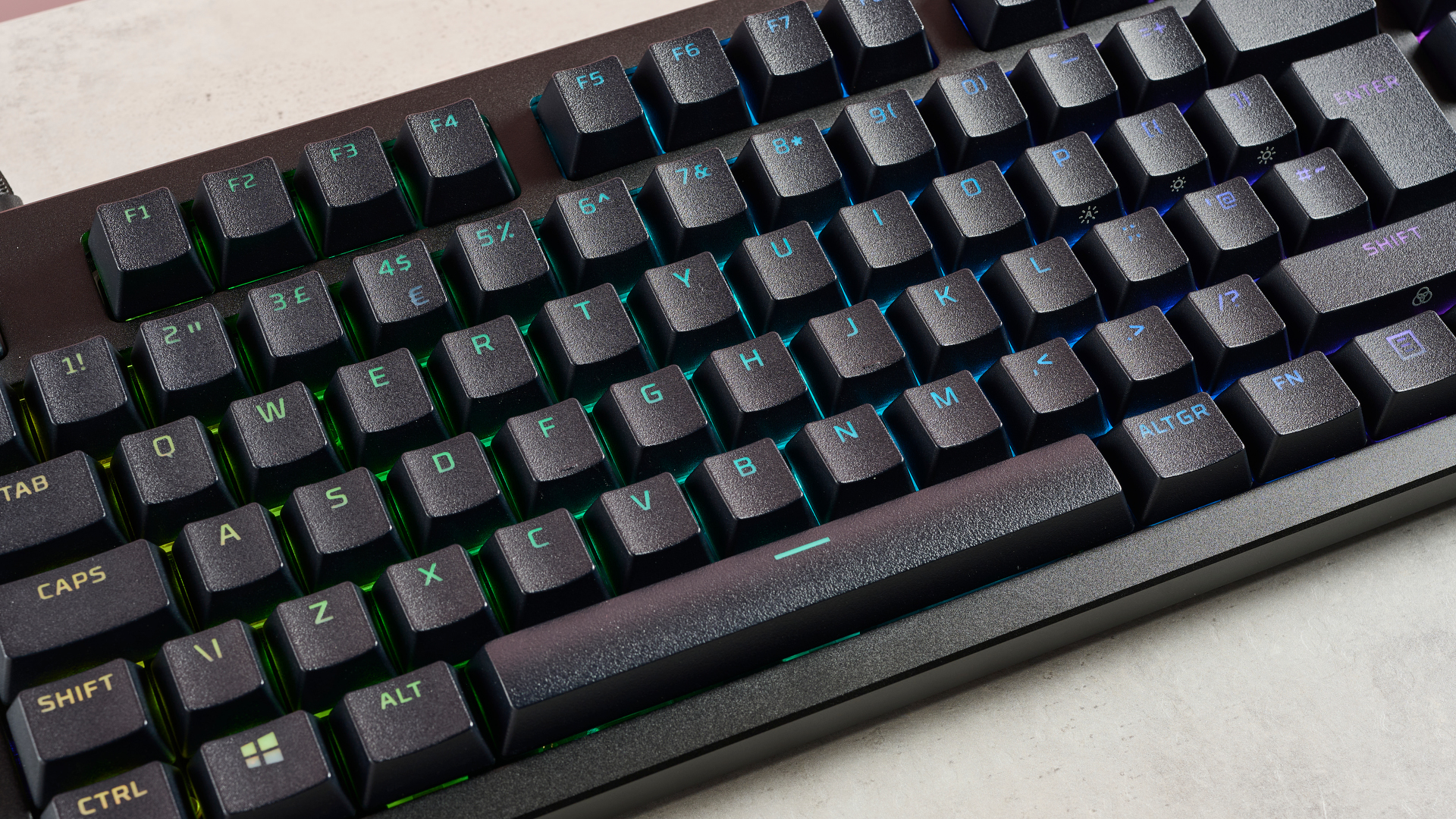 close up of RGB backlighting on HyperX Alloy Rise