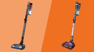 Shark Stratos and Vertex cordless vacuum cleaners on two-tone orange background