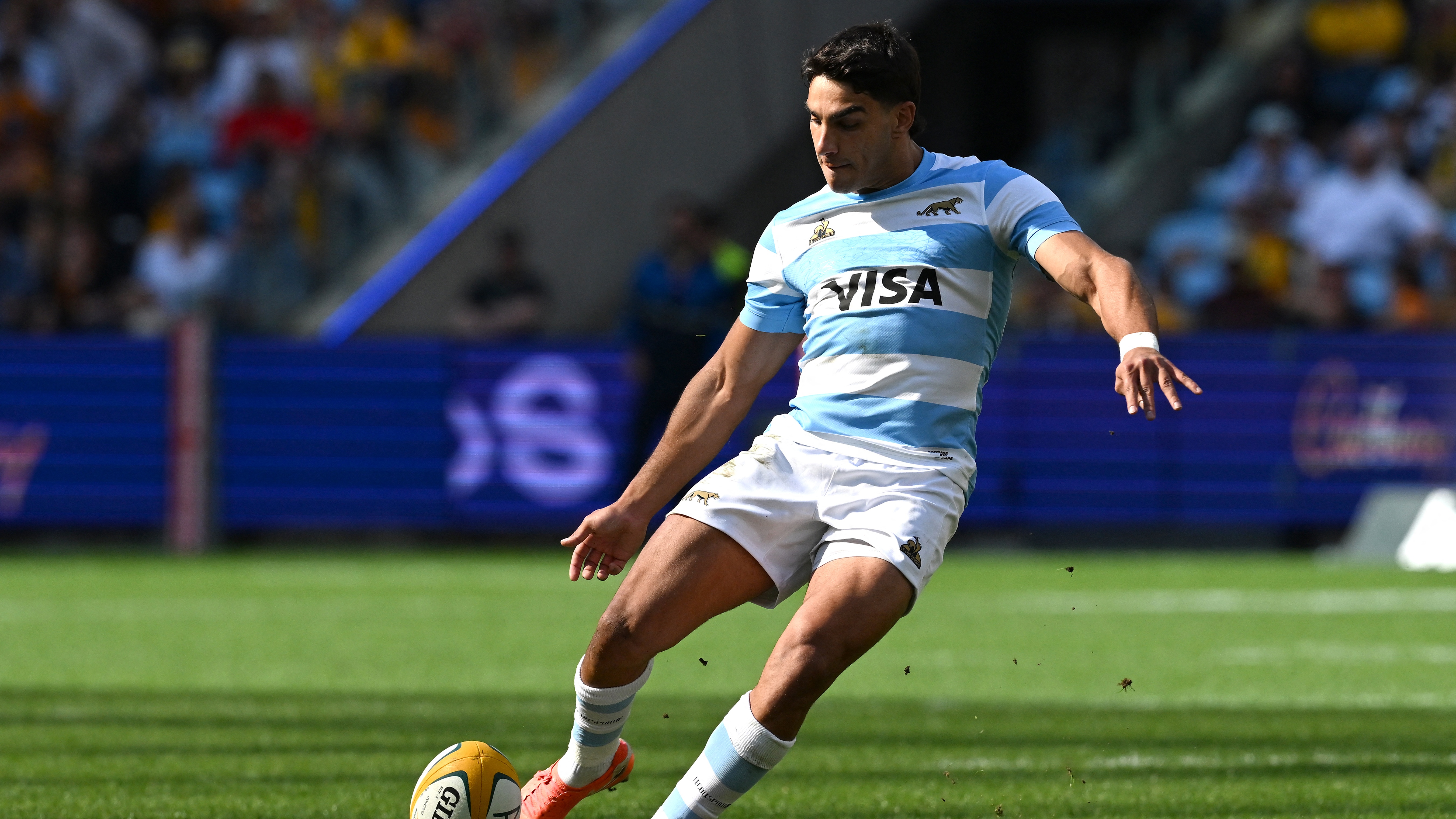 Argentina's Santiago Carreras takes a penalty kick during the Rugby Championship match against Australia at Allianz Stadium in Sydney on September 13, 2025