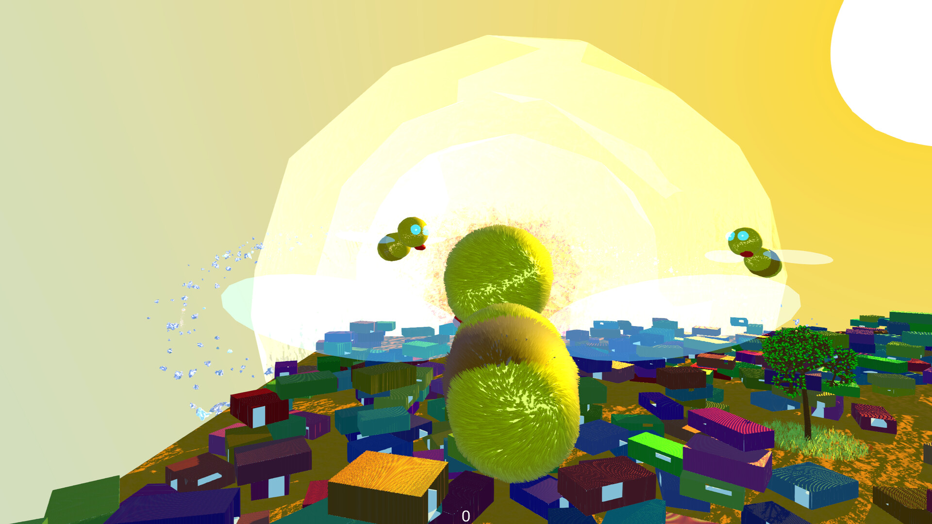 A bee floats above a landscape full of colourful boxes
