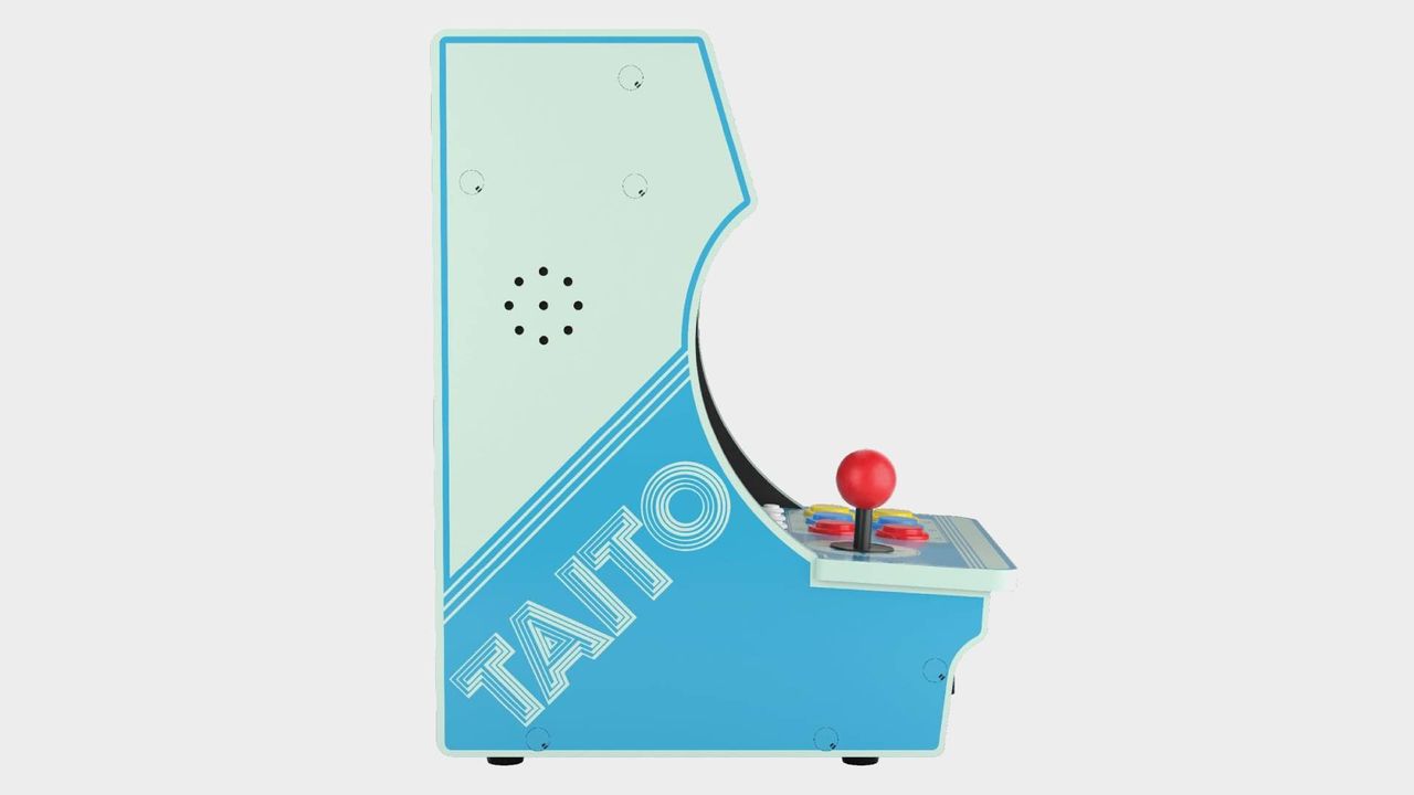 Side view Evercade Alpha Taito Edition with blue decals.