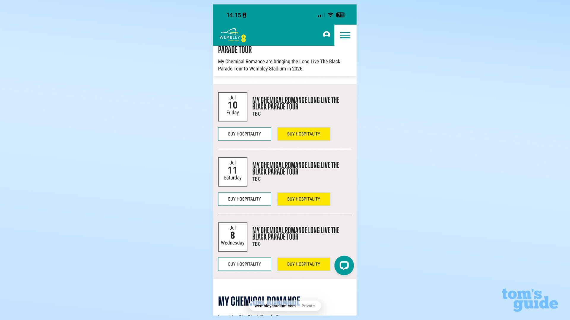 Safari screenshot of MCR&#039;s upcoming tour dates in London