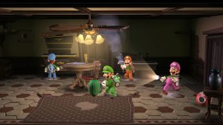 Four different colored Luigis with flashlights in ScareScaper mode in Luigi's Mansion 2 HD.