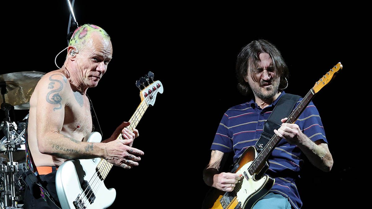 Red Hot Chili Peppers&#039; Flea (left) and John Frusciante onstage in Las Vegas