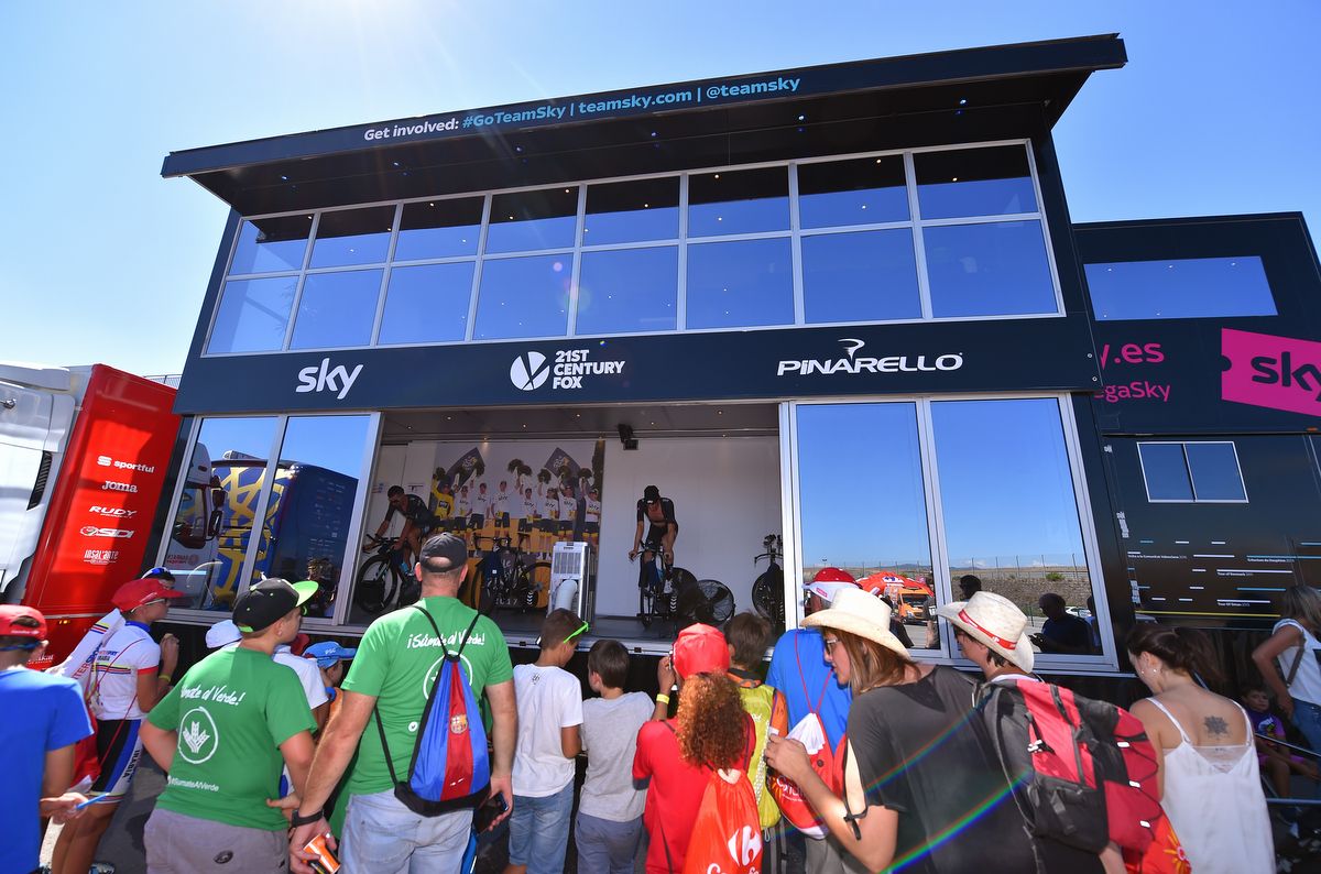 The fans watch the Sky riders warm up pre-TT