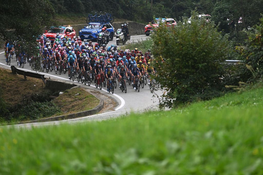 FAVRIA ITALY OCTOBER 05 A general view of the peloton competing during the 107th Gran Piemonte 2023 a 152km one day race from Borgofranco dIvrea to Favria on October 05 2023 in Favria Italy Photo by Tim de WaeleGetty Images