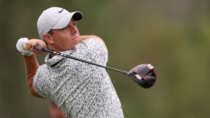 Rory McIlroy takes a tee shot at the par 5 ninth during the 2023 Players Championship at TPC Sawgrass