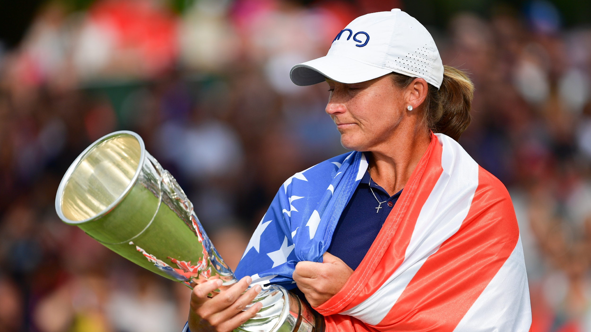 Angela Stanford with The Evian Championship trophy