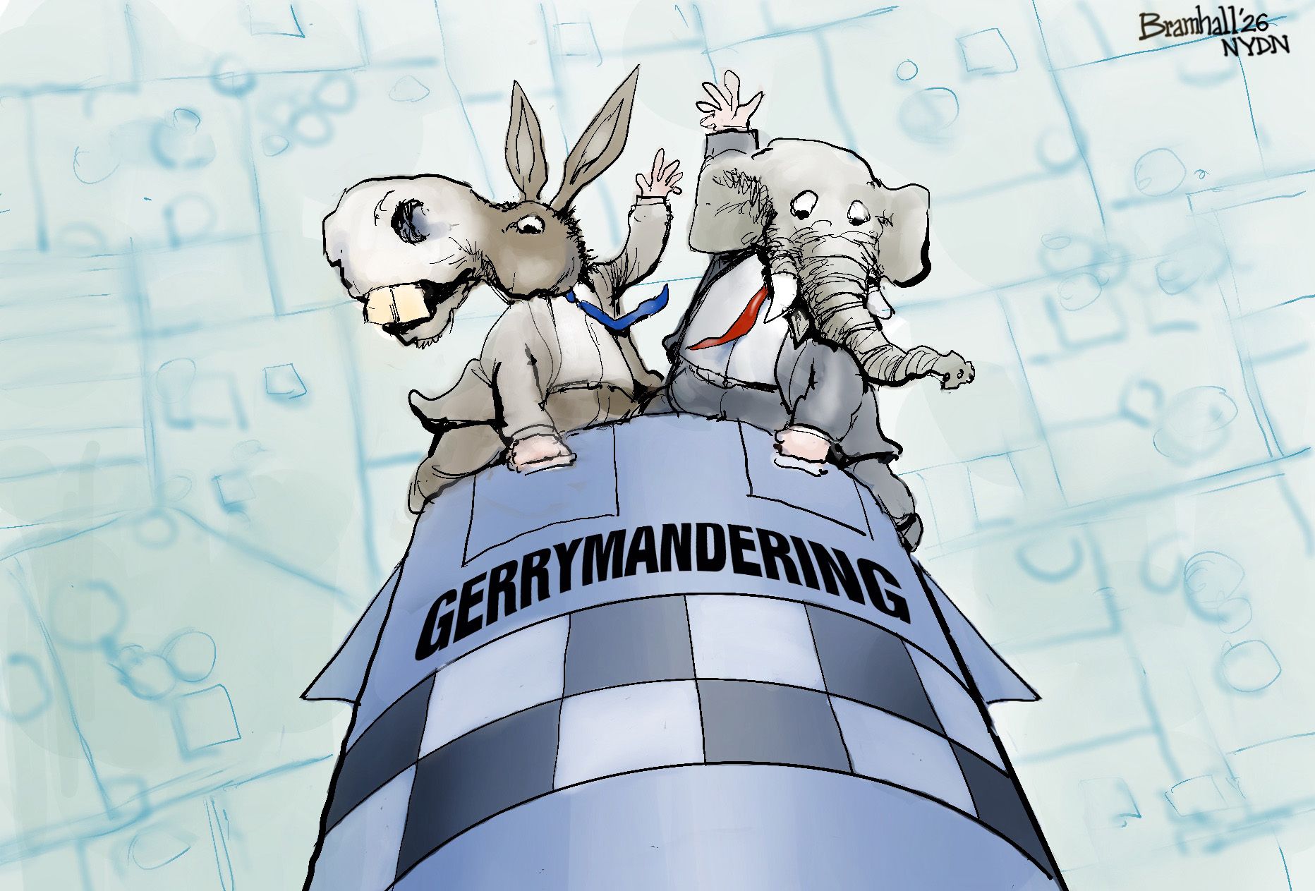 
                                This cartoon depicts an elephant and a donkey riding a bomb labeled Gerrymandering as it hurtles to Earth, like the final scene in Dr. Strangelove where Major Kong rides the bomb.
                            