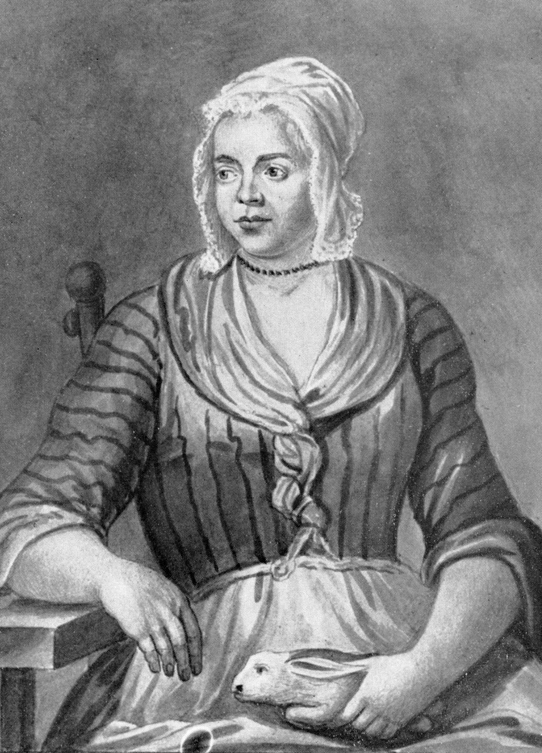 A sketch of Mary Toft holding a rabbit