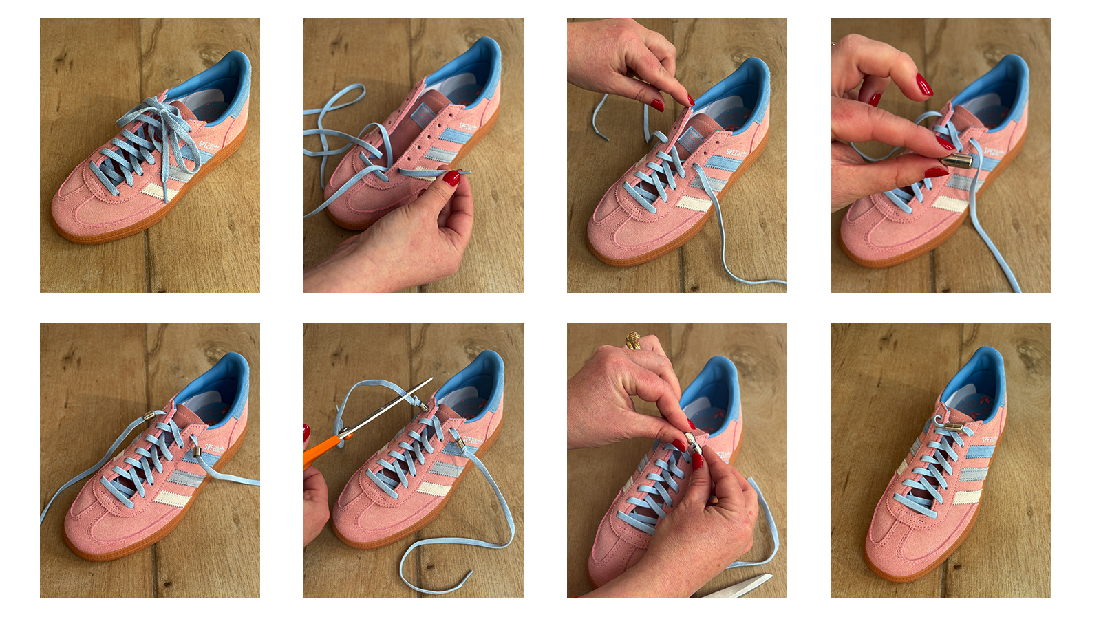 tutorial showing how to relace shoes with elasticated laces