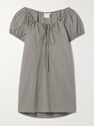 Tie-Detailed Gathered Checked Organic Cotton-Poplin Mini Dress