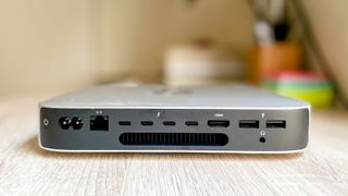 Apple Mac mini M2 rotated to show rear with port array