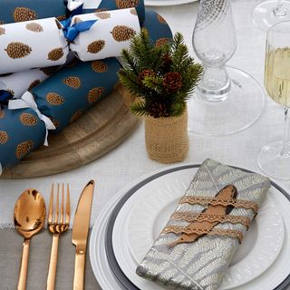 Place setting with mini Christmas tree and crackers
