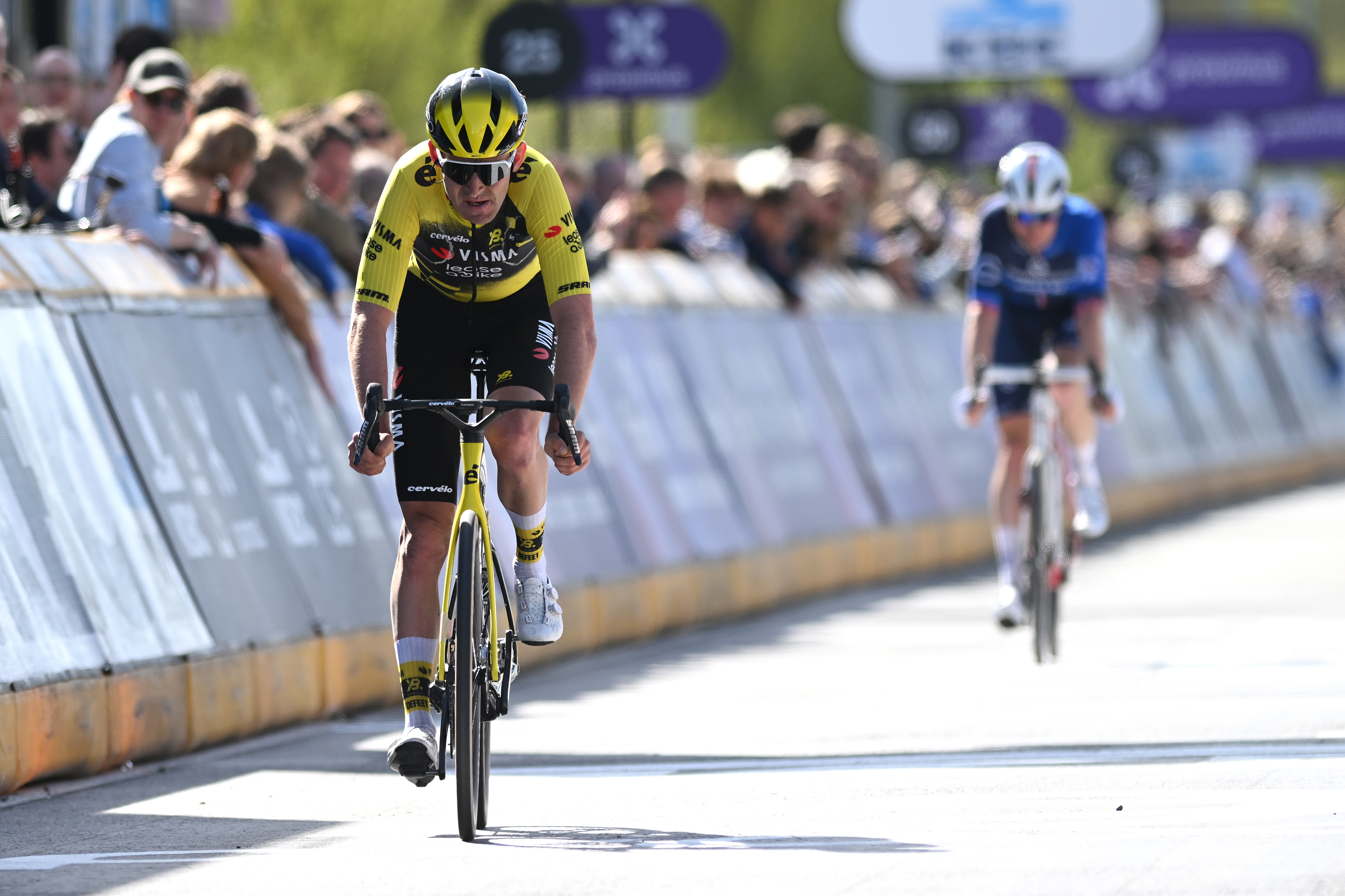 OUDENAARDE, BELGIUM - APRIL 06: Tiesj Benoot of Belgium and Team Visma | Lease a Bike crosses the finish line during the 109th Ronde van Vlaanderen - Tour des Flandres 2025 - Men's Elite a 269km one day race from Bruges to Oudenaarde / #UCIWT / on April 06, 2025 in Oudenaarde, Belgium. (Photo by Dario Belingheri/Getty Images)