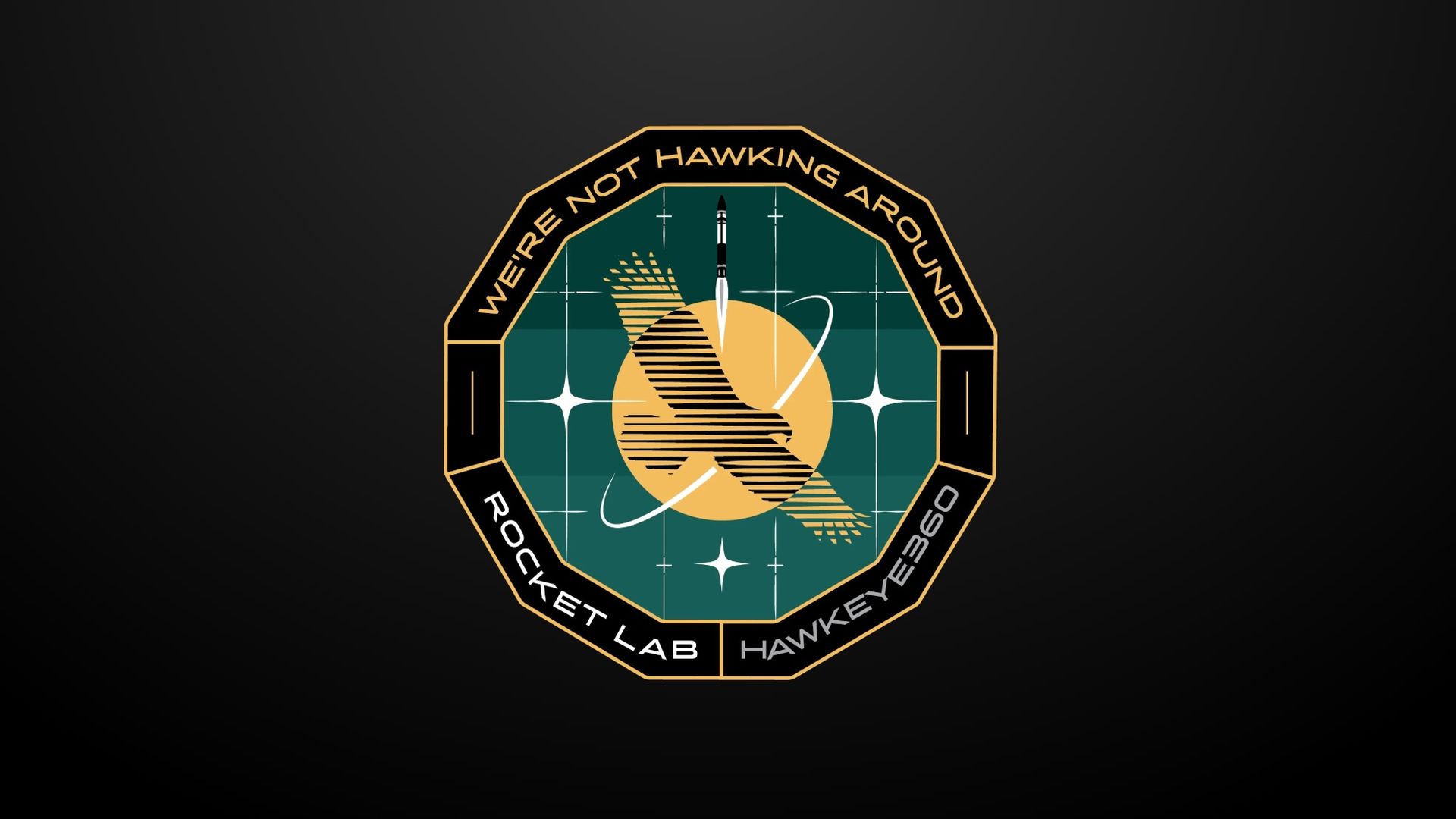 a circular mission patch featuring a hawk in front of a yellow sun with the words 