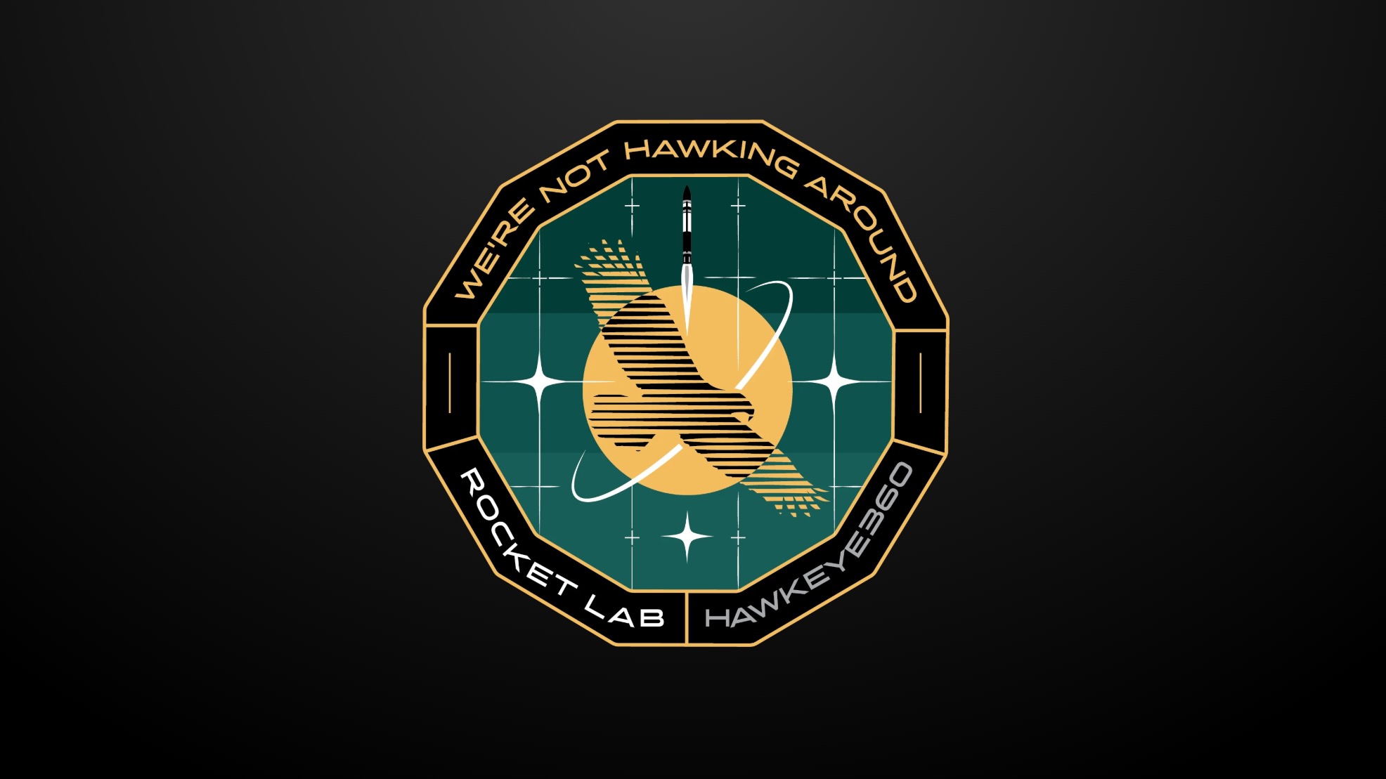 a circular mission patch featuring a hawk in front of a yellow sun with the words &amp;amp;quot;We&amp;#039;re Not Hawking Around&amp;amp;quot; around the patch&amp;#039;s border