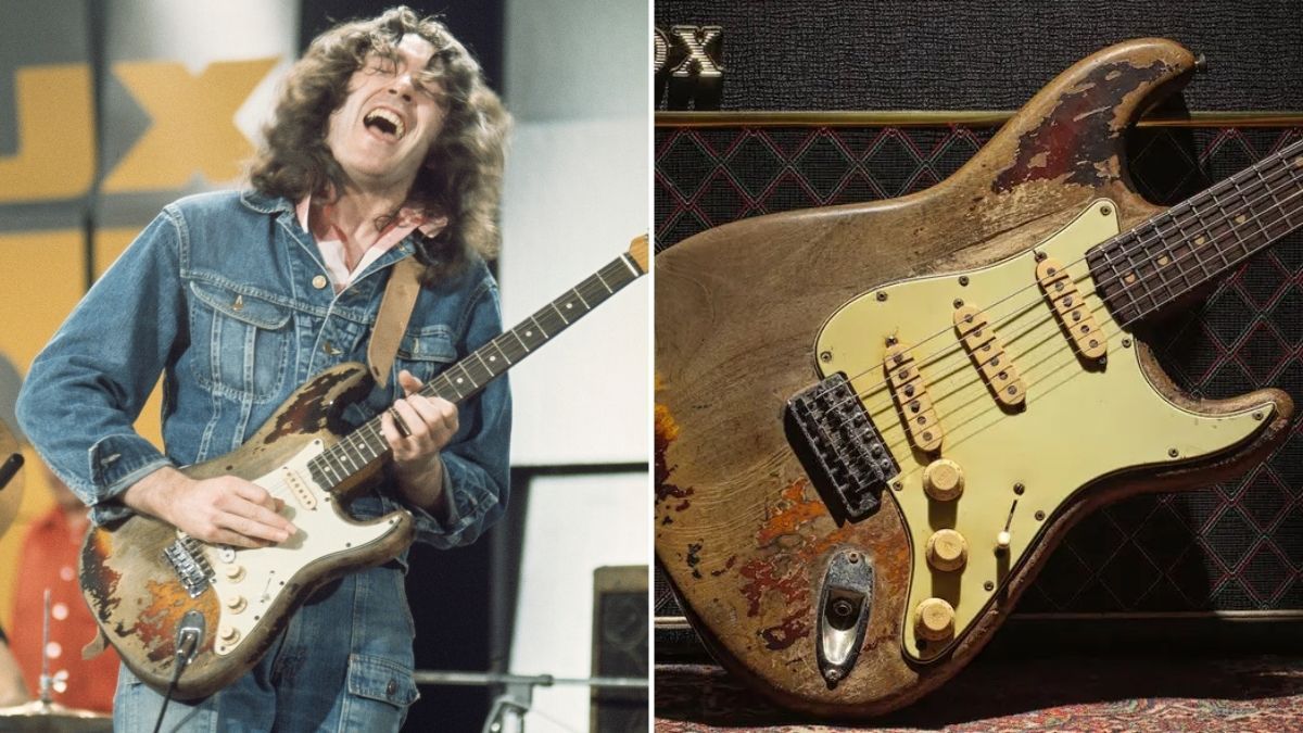 Rory Gallagher performs onstage (left), Gallagher&#039;s Fender Stratocaster