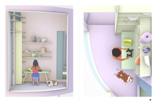 A D model of a girls' bedroom. The girl is sitting at a desk, while a dog is next to her.
