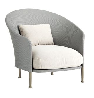 Round grey chair with paler grey cushions
