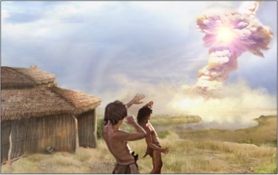 An artist&#039;s image of the last seconds in the prehistoric village of Abu Hureyra, where a fireball from the sky likely destroyed the village.